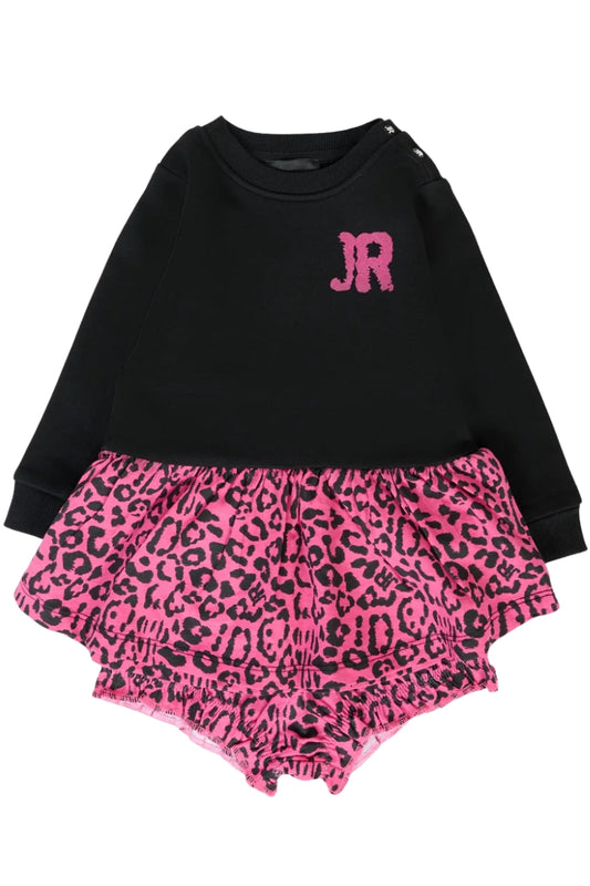 Abito da neonata con balza con stampa animalier a contrasto  RIA25120VE