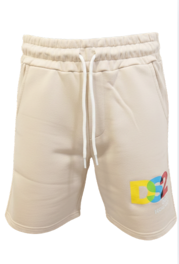 Bermuda da uomo in cotone garzato con stampa con logo lettering multicolor sul fondo a sinistra SS26287