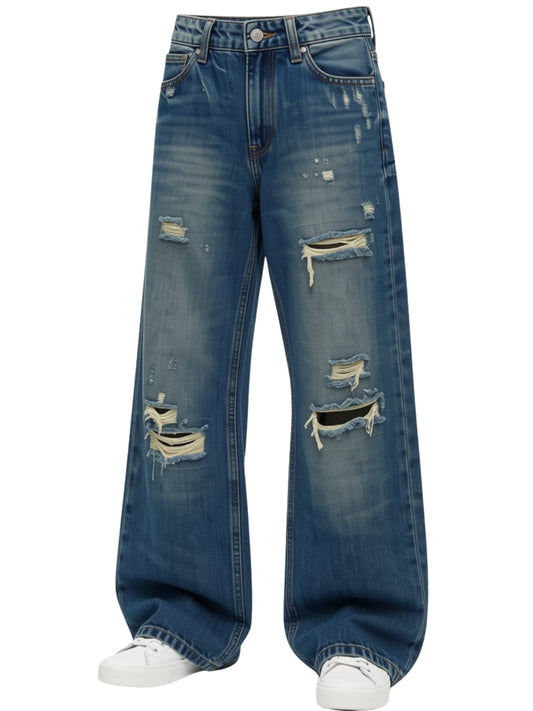 Jeans da ragazza con strappi frontali e tessuto vintage IGDT001327
